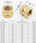 Grab These Awesome Solid Brass Insert Nuts For Your Next DIY Project Featuring Durable Knurl Design For Secure Bolt Threads In Injection Molding And Metal Fixing Work Perfectly For Any Serious Hobbyist Who Needs Reliable Hardware That Sticks Tight And showing detailed measurements for brass insert nut specifications.