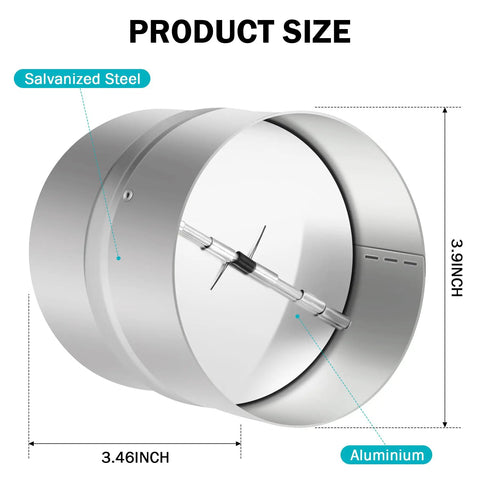 4 Inch Backdraft Damper For Ducting With Galvanized Steel Body And Aluminum Flaps One Way Airflow Blocker, side view dimensions