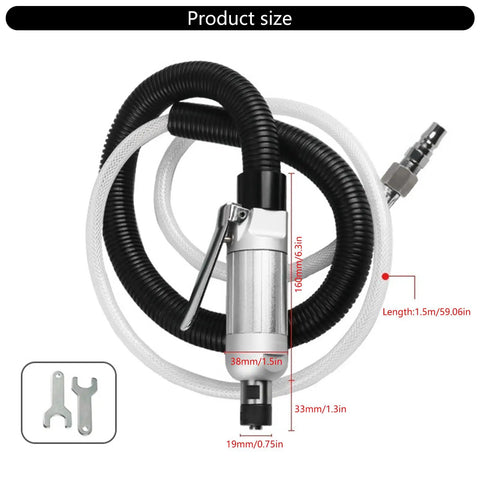 Badass Quarter Inch Pneumatic Air Die Grinder Cranking 25000 RPM With Solid Aluminum Body And Swift Swap Chuck Heads showing product size with dimensions.