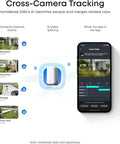 Diagram of cross-camera tracking with HomeBase S380 AI identifying events and merging clips on a smartphone app interface.