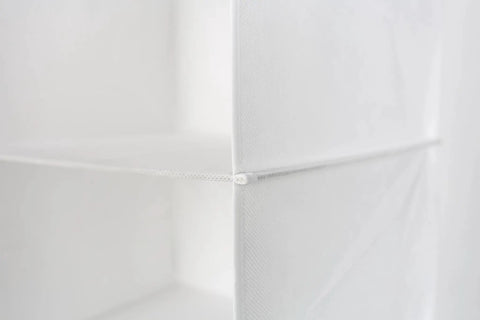 Rock Solid Six Shelf Hanging Closet Organizer With Dividers In Clean White Non Woven Fabric Collapsible storage close-up of seam detail.