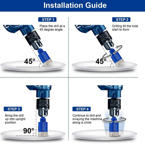 Installation guide for Diamond Drill Core Bits Set With Triangle Shank For Porcelain Tile Marble Ceramic Granite shown on drill machine