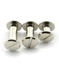Fifty Heavy Duty Chicago Binding Screws For Real Leather Goods And Tough Belt Tacks Totally Rock Solid Nickel Coated M4 Fasteners, three screws close-up.