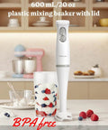 Slick Two Speed Hand Blender With Beast Mode 300W Peak Motor And Nifty 20oz Mixing Cup featuring a 600 mL BPA free plastic beaker.