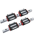 Close-up of four HGW35CC flange carriage blocks on two HGR35 linear rails, part of the Premium Linear Rail Kit For CNC Projects Delivers Hella Smooth Gliding Action With Rock Solid Stability Featuring Two HGR35 Guide Rails Paired To Four HGW35CC Flange Carriage Blocks Spanning Two Thousand Five mm Length.