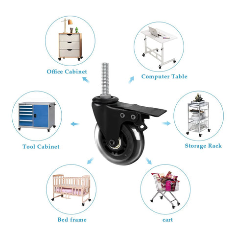 Three Inch Stem Caster Wheels With Safety Dual Locking And Heavy Duty Threaded Stem Three Eighths By Sixteen Inches By One Point Five Inches, No Noise Swivel Rubber Castors With Sleeve For Industrial Furniture Projects And Moving Set Of Four, shown with example uses like office cabinet, bed frame, and cart.