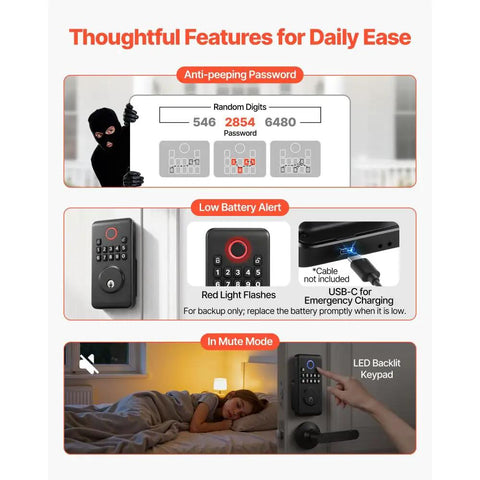 Features of Matte Black Keyless Entry Door Lock Set Featuring Keypad Deadbolt, including anti-peeping and low battery alerts.