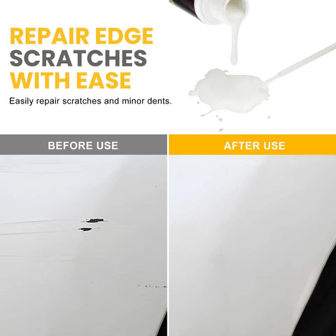 Premium White Touch Up Paint Pen For Vehicles Super Rapid Auto Scratch Remover shown covering scratch on car hood.