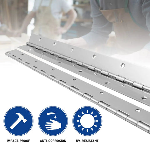 Two Pack One Eight Inch Stainless Steel Piano Hinges Heavy Duty Build With Pre Drilled Holes, details showing impact-proof design.