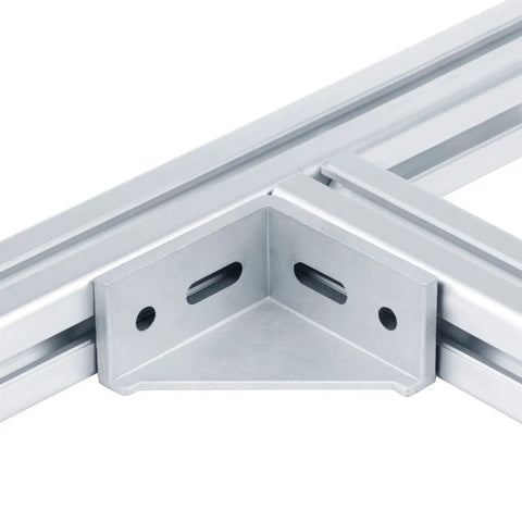 Close-up of 10 Pack 4040 T Slot Aluminum Corner Brackets Hella Rugged 90 Degree Gusset Fittings showing pre-drilled holes.
