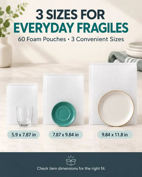 Tough As Nails Foam Pouches That Crush The Bumps During Shipping With Solid Cushion Wrap Sleeves For Fragile Gear In 60 Pack Multi Size, 3 sizes for protection.
