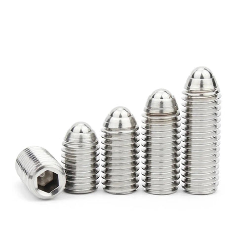 Heavy Duty M12x60mm Spring Ball Plunger Featuring A Hex Socket For Tight Precision Positioning And Rock Solid Machine Mounting In Premium 304 Stainless Steel stacked in a row.