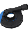 Badass Angle Grinder Dust Collecting Guard For 100Mm And 115Mm Small Grinders With OSHA Compliant Triple Layer Concrete Filtering and Reinforced ABS Protective Shield Cover, black and blue brush attachment.