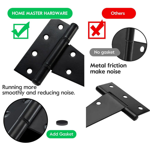 Heavy Duty Six Inch T Strap Gate Hinges Black Six Pack With Complete Hardware Set For Quick Install visible with gasket comparison.