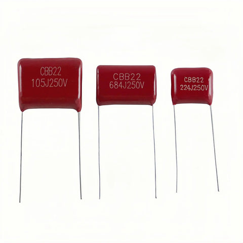 Makers Market Essentials Delivering Three Hundred Drop Dead Reliable Cbb22 Capacitor Build Packs Covering Thirty Rock Solid Voltage Tiers Between 100V And 250V With Radial Lead Hooks For Stress Free Wiring. Red cbb22 capacitors with varying voltage ratings.