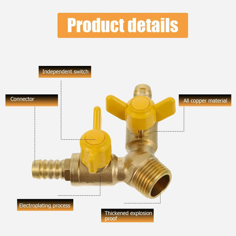 Heavy Duty Brass Y Type Gas Ball Valve With Solid Three Way Build And Dual Quick Hook Up Port Fittings For Dead Shut Off Seal Dependable Pipe Heater Regulation And Easy Twist Operation Daily - Close-up view highlighting connectors and independent switch features.