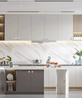 Modern kitchen with cabinets featuring brushed satin nickel cabinet knobs 10 pack square design zinc hardware enhanced for style.