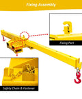 Heavy Duty Forklift Jib Boom Attachment Delivering 4400 Lb Lifting Power With Telescopic Crane Hoist And 12 Foot Reach. Fixing assembly with safety chain.