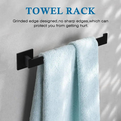 Matte Black Dope 4 Piece Bathroom Hardware Set With Towel Bar Towel Holder Toilet Paper Holder And Towel Hook 16 Inch SUS304 Stainless Steel Rust Resistant Durable Bath Accessories Kit, featuring a towel bar with a blue towel