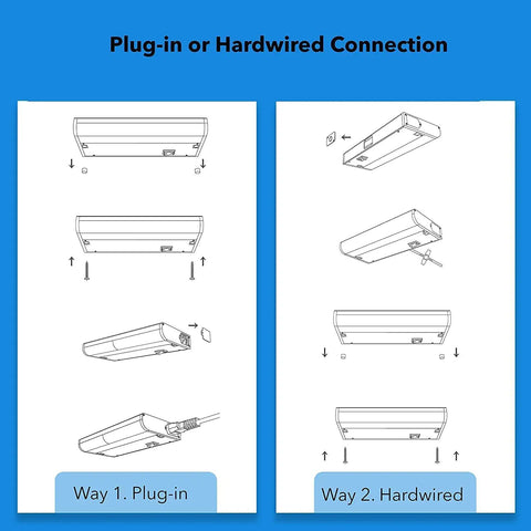 Diagram showing Smart Under Cabinet Lighting Kit With Alexa And Google Control, Dimmable, Plug-In and Hardwired installation.