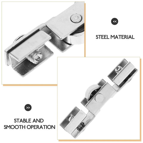 Rock Solid Eight Piece Glass Door H Pulley Roller Kit With Heavy Duty Double Bearing Sliding Wheels for slick patio track installation, steel slider detail.