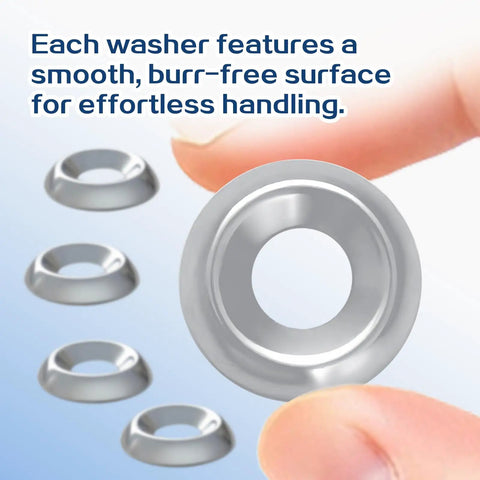 Badass 304 Stainless Steel Countersunk Cup Washers 200 Pack Size Six showing smooth, burr-free surface for easy handling.