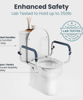 Adjustable Toilet Safety Rail With Rock Solid Stability And Hella Strong Build For Seniors And Elderly Adults Featuring No Fuss Mounting And Smooth Everyday Use In Any Home Bathroom with padded handles and stable L hooks.