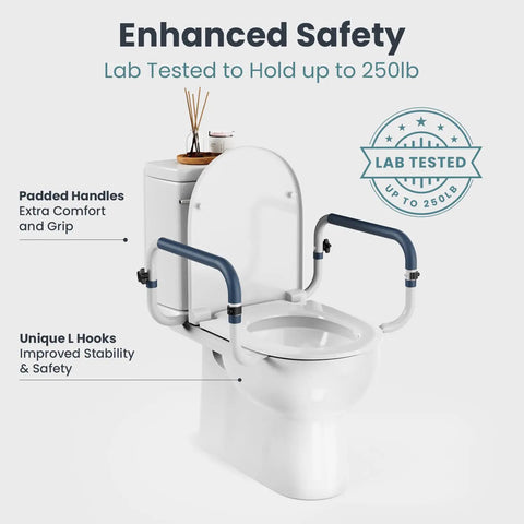 Adjustable Toilet Safety Rail With Rock Solid Stability And Hella Strong Build For Seniors And Elderly Adults Featuring No Fuss Mounting And Smooth Everyday Use In Any Home Bathroom with padded handles and stable L hooks.
