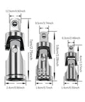 Rock Solid 3 Piece Universal Joint Socket Set With Rotatable Swivel Head For Tough Jobs And Confined Spaces That Make Any DIYer's Toolkit Smaller Yet Super Versatile And Way More Efficient., chrome-plated steel universal joint sockets with sizes shown