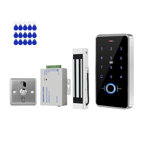 All In One Access Control System Kit With Fingerprint, RFID Card, And Password Keypad, IP68 Waterproof, 180kg Magnetic Lock, Stainless Steel Exit Button, 3.56MHz IC Key Fobs, Power Supply, And Door Sensor