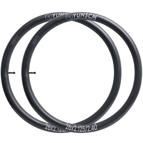 Beefy 26 Inch Bike Tubes 26x2.125 To 2.40 With AV32mm Schrader Valve 2-pack shown side by side, made from black butyl rubber.