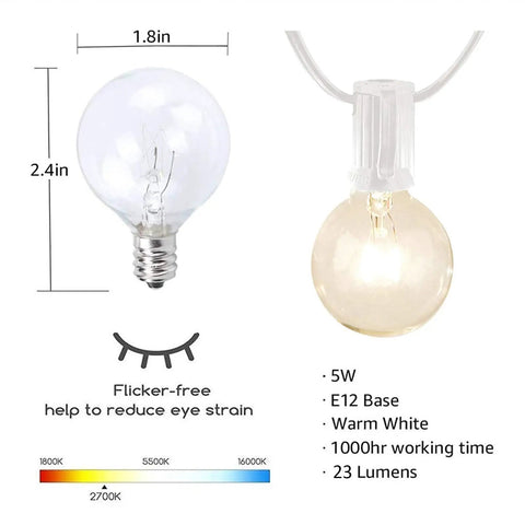 Outdoor String Lights 100Ft With 105 Globe Bulbs Waterproof IP44 Edison G40 Bulbs, dimensions and features diagram