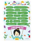 10 Language Saying Posters Set For Classroom Learning How To Say In Italian Arabic Korean Hindi Chinese French Spanish Japanese Russian German 12 By 18 Inches Made In USA shows Japanese phrases with cartoon character.