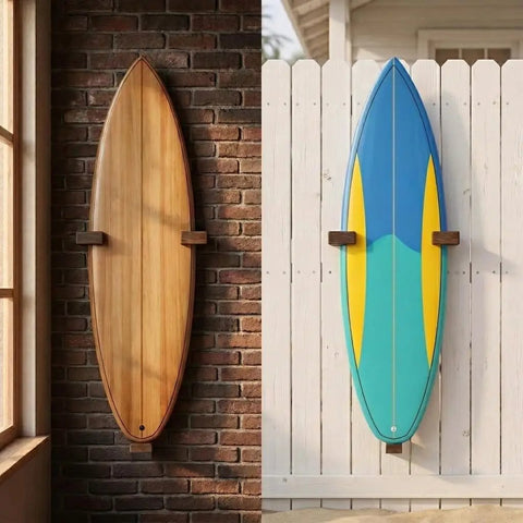 Ripper Ready Wood Surfboard Wall Mount Rack With Rotating Arms Vertical Storage Stand For Shortboards Longboards And Wakeboards on a brick and wooden fence.