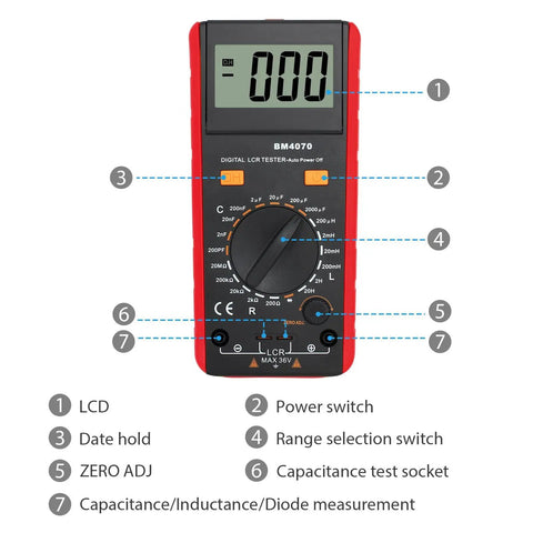 LCR Meter Capacitance Inductance Resistance Tester With LCD Overrange Display and labeled parts, front view