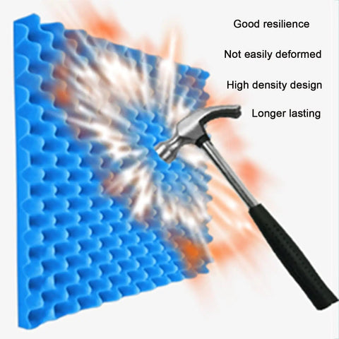 High Density Self Adhesive Acoustic Foam Wall Panels Studio Soundproof Padding Rolls Knock Out Room Echoes And Slash Background Noise With Pro Grade Fire Resistant Dampening For Home Cinema Setup, blue foam panel with hammer impact.