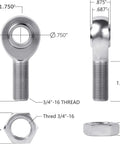 Right Hand 3/4 Bore Chromoly Heim Joint Rod End With Jam Nut dimensions shown, including 3/4"-16 thread and size details.