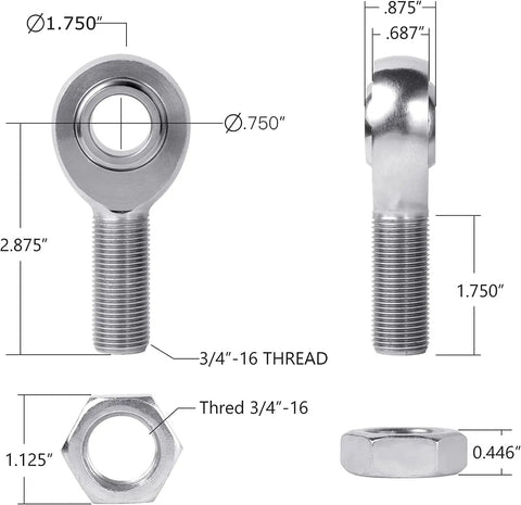 Right Hand 3/4 Bore Chromoly Heim Joint Rod End With Jam Nut dimensions shown, including 3/4"-16 thread and size details.