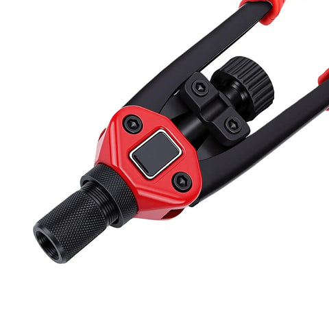Close-up of Rivet Nut Tool Kit With Interchangeable Mandrels showing red and black handle detail