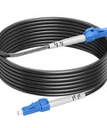 OS2 LC to LC Armored Fiber Patch Cable Single Mode 100FT with blue connectors and black steel armor, designed for outdoor use.