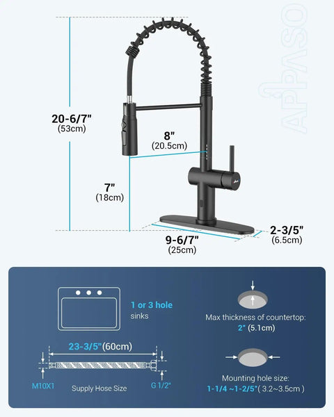 Size dimensions for Matte Black Touchless Kitchen Faucet With Pull Down Sprayer, Hands Free Sensor, Stainless Steel Smart Faucet.