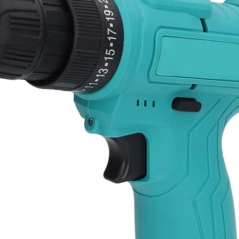 Close-up of Heavy Duty Cordless Drill With Dope Torque And High Speed Rotation For Wood Aluminum Steel, showcasing grip and chuck.