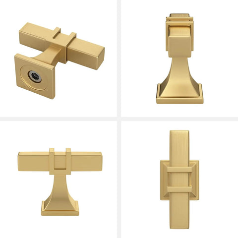 Heavy Duty Square Cabinet Knobs 6 Pack Sporting Slick Brushed Brass Finish Premium Zinc Alloy Base kitchen drawer hardware from multiple angles.