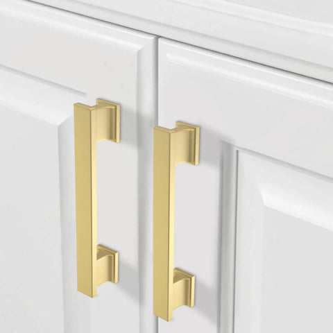 Straight Up Premium Brushed Gold Cabinet Handles 10 Pack 5 Inch Center To Center Heavy Duty Drawer Pulls Kitchen Cabinet Door Hardware No Fuss Knockout Design on white cabinet.