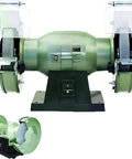 Ready To Roll Heavy Duty Electric Bench Grinder With Dual Five And Six Inch Aluminum Oxide Wheels Secure Eye Shields view from the side