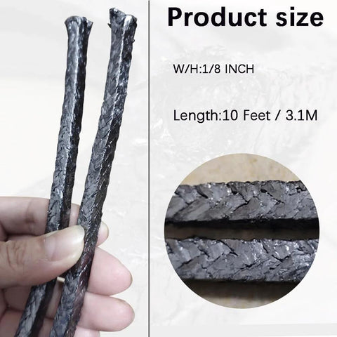 Graphite braided compression packing, 10 ft length, 1/8 in x 1/8 in, held in hand.