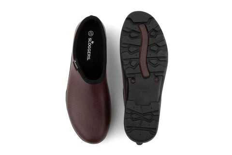 Mens Heavy Duty Waterproof Slip On Shoes For Outdoor Work And Garden Rain Featuring A Built Tough Comfort Support Insole With Durable Leather Print Upper For A Good As Gold Ride, brown, top view.