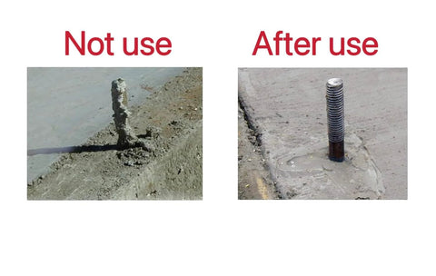 Comparison showing concrete anchor bolt "Not use" without holder and "After use" with Anchor Bolt Holder Five Eighths Inch Handle Saver.