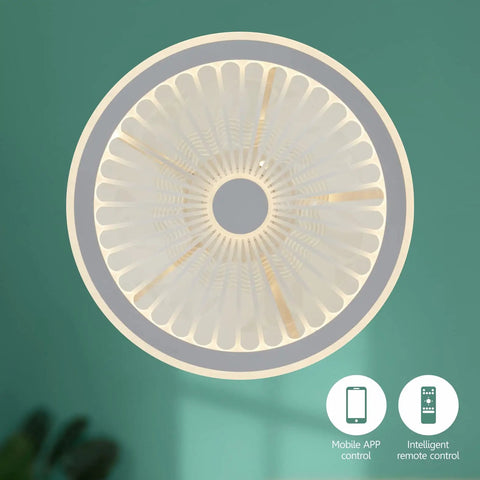 Flush Mount Ceiling Fan With Remote And Dimmable LED Light 19In 6 Speeds, overhead view, modern design, white fan and light