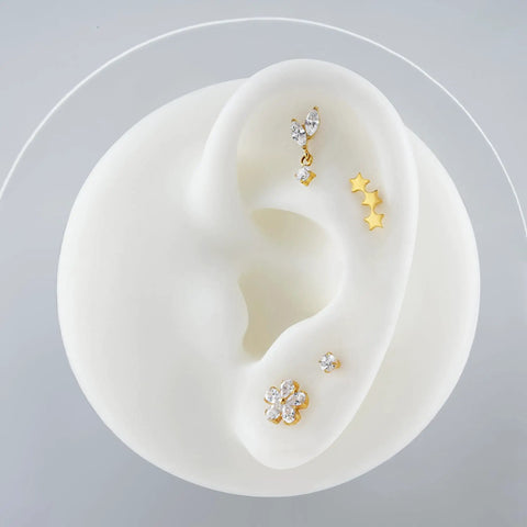 Top Shelf 16G Flower Cartilage Piercing Jewelry In ASTM F136 Titanium Hypoallergenic Flat Back Studs For Helix Conch Tragus And Lobe Screw On Nickel Free Earrings For Women displayed on an ear model.